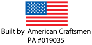 An American flag with 50 white stars on a blue rectangle in the upper left and 13 horizontal red and white stripes. Below, text reads "Built by American Craftsmen PA #019035" in black. A quality symbol endorsed by Steve L. Dellinger Contractor for residential and commercial projects.